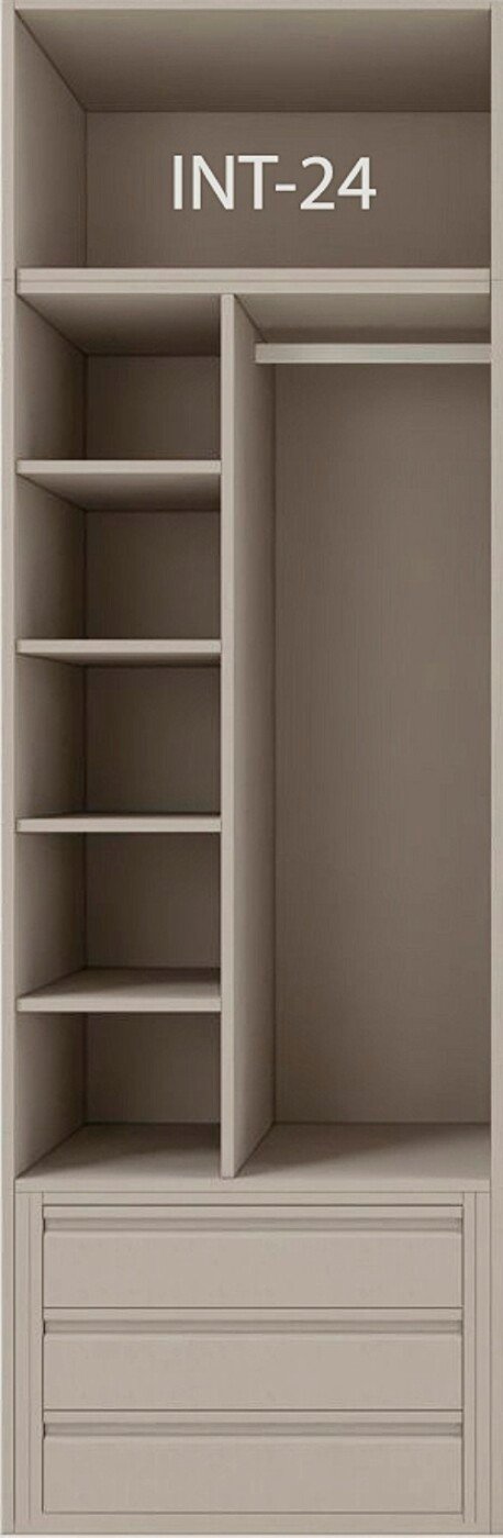 Interior de armario a medida con cajonera, barras y baldas modelo INT-24 de HG Carpintería
